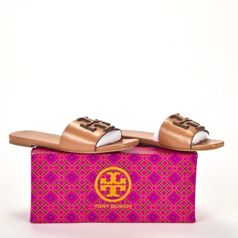 Tory Burch Ines Flat Slide Goat Leather Tan Size 5 LNIB Signature Slide - Picture 3 of 4